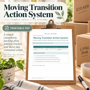 Könnte beinhalten: Ein druckbares PDF-Dokument mit dem Titel Moving Transition Action System auf einem Klemmbrett. Die Seite enthält einen Countdown, einen Packplan, einen Adress-Tracker und ein Umzugs-Kontrollzentrum mit Tabellen zur Organisation eines Umzugs.
