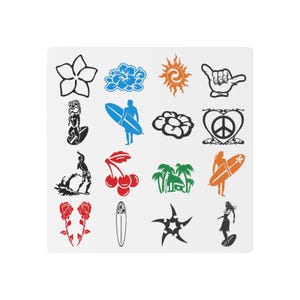 May include: A collection of surf-themed graphics in black, orange, blue, and green. The designs include a flower, a cloud, a sun, a hand gesture, a tiki, a surfer, a brain, a peace sign, cherries, palm trees, and a starfish.