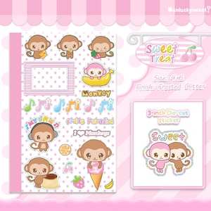May include: A pink and white sticker sheet with cartoon monkeys, musical notes, and the words "My Jam," "Fruity Paradise," and "I Love Monkeys." A separate 3-inch die-cut sticker features two monkeys with the word "Sweet."