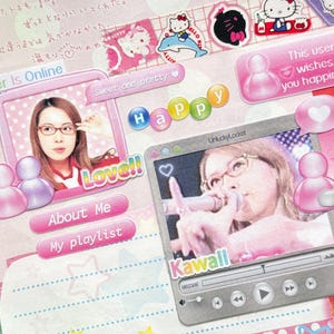 May include: A collage featuring a woman in glasses, with pink and pastel accents. The design includes text bubbles, social media icons, and the words "Happy," "Love," and "Kawaii." Decorative stickers of Hello Kitty are also present.