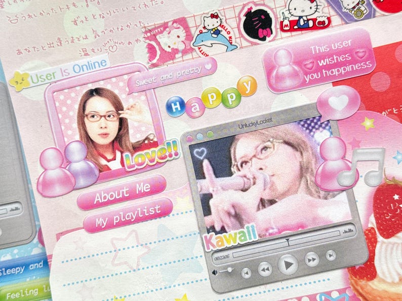 May include: A collage featuring a woman in glasses, with pink and pastel accents. The design includes text bubbles, social media icons, and the words "Happy," "Love," and "Kawaii." Decorative stickers of Hello Kitty are also present.