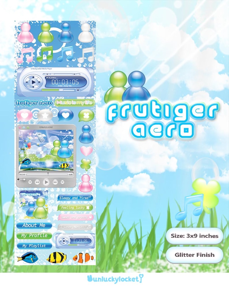 Puede incluir: Un reproductor de m&uacute;sica digital azul y blanco con una pantalla que muestra "00:03:05". El reproductor tiene un bot&oacute;n de reproducci&oacute;n y un control de volumen. El texto "frutiger Aero Musicismylife" se muestra en el reproductor. El fondo es un cielo azul con nubes blancas y hierba verde.