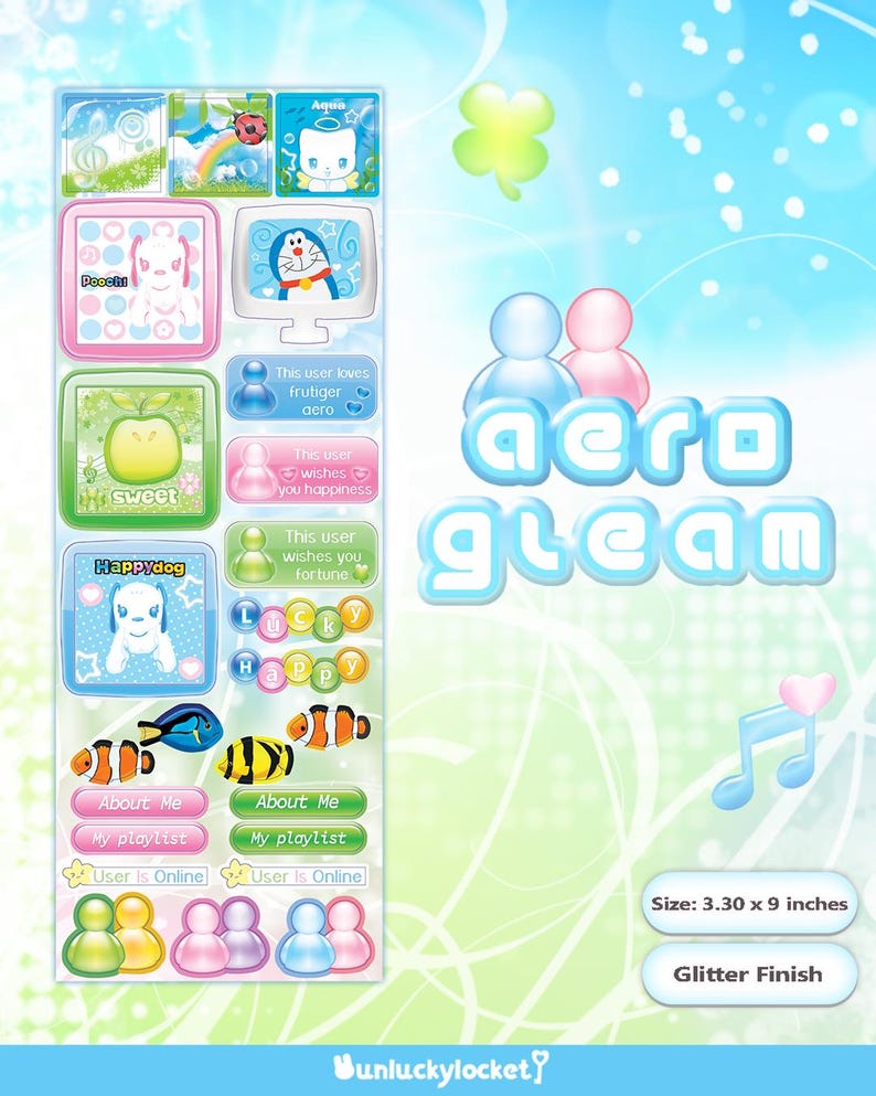 May include: A sheet of stickers with a glitter finish, featuring various cartoon graphics and text. Designs include a dog, a bunny, a cartoon character on a computer, and fish. The sheet measures 3.30 x 9 inches.