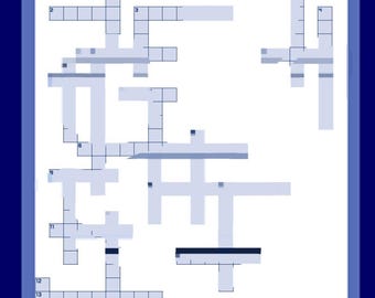 Puede incluir: Un crucigrama azul y blanco con un borde azul oscuro. La cuadrícula del crucigrama está llena de espacios en blanco para las respuestas. La palabra "CROSSWORD" está en la parte superior, y el logotipo "SPARKEN SCRAP 'N' SHIP" está en la esquina superior derecha.