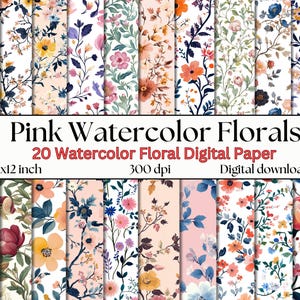 Pink Watercolor Floral Digital Paper | 20 Floral Digital Paper | 12x12&quot; | 300 DPI | Scrapbooking, Invitations, Digital Crafts...