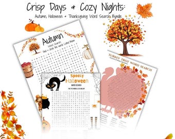 May include: A collection of autumn-themed word search puzzles. The bundle includes puzzles for Autumn, Halloween, and Thanksgiving. Each puzzle features seasonal graphics like pumpkins, trees, and turkeys. The text "Crisp Days & Cozy Nights" is at the top.