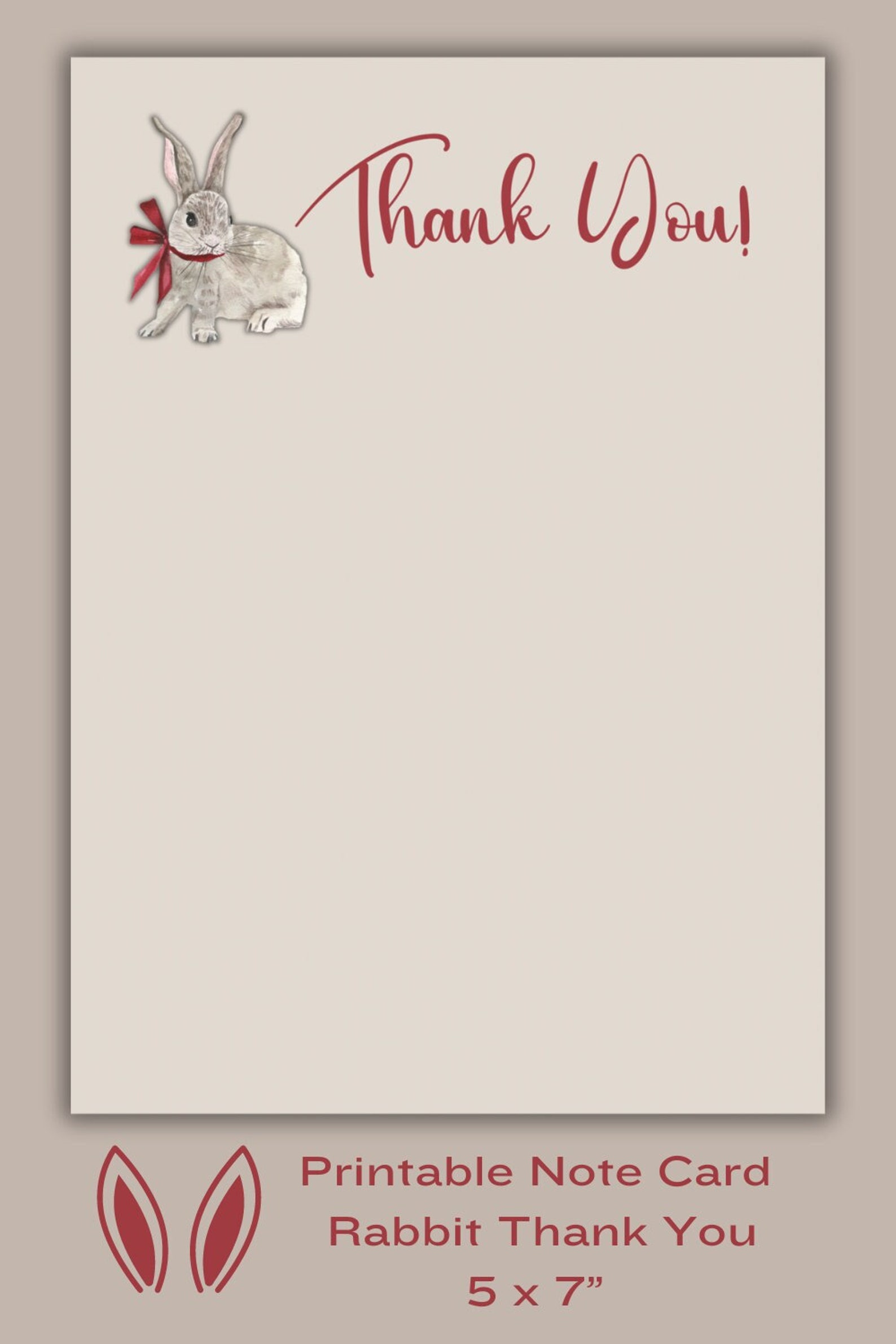 Thank You Card Rabbit Printable - Bunny Thank You Cared - 5 X 7