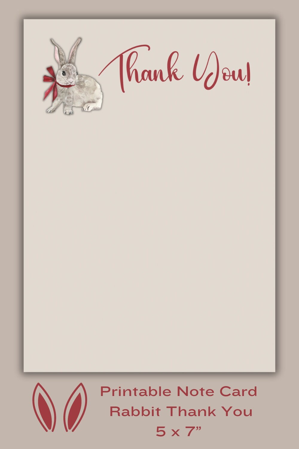 Thank You Card Rabbit Printable Bunny Thank You Cared 5 X - Etsy