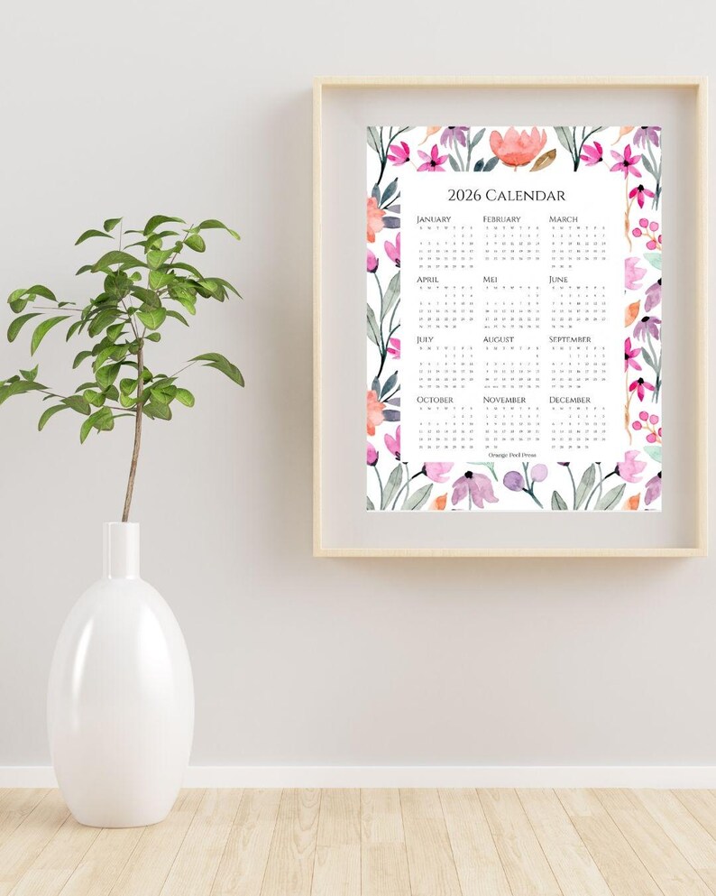 2026 Watercolor Floral Calendar Printable | Elegant Wall Art | Full ...