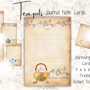 Teapots 6 Colorful Journal Note Cards - 4 x 6 inches - Printable - Instant Download
