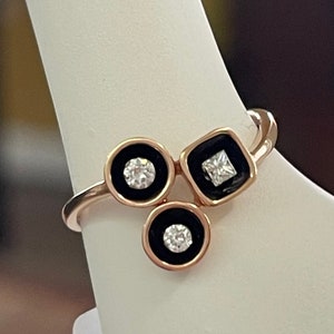 Designer 14KT Rose Gold and Diamond Ladies Ring w Black Enamel