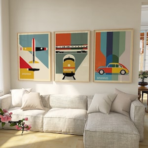 Set di 3 poster Bauhaus vintage di auto, aerei e treni, stile Midcentury Modern
