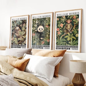 Panda Monkey Sloth Prints Set of 3 Animal Posters William Morris Exhibition Wall Art PRINTED on Luxury Paper