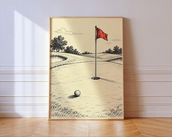Golf Putting Green with Red Flag Print, Black Ink Engraving Style