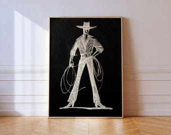 Cowboy Lasso Chalk Sketch Print: Black White Western Wall Art
