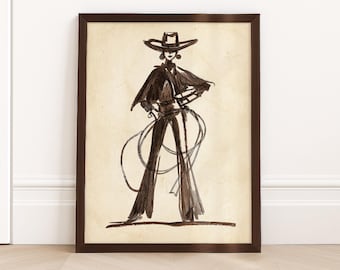 Cowgirl Lasso Print Western Woman Sketch Sepia Ink Wall Art