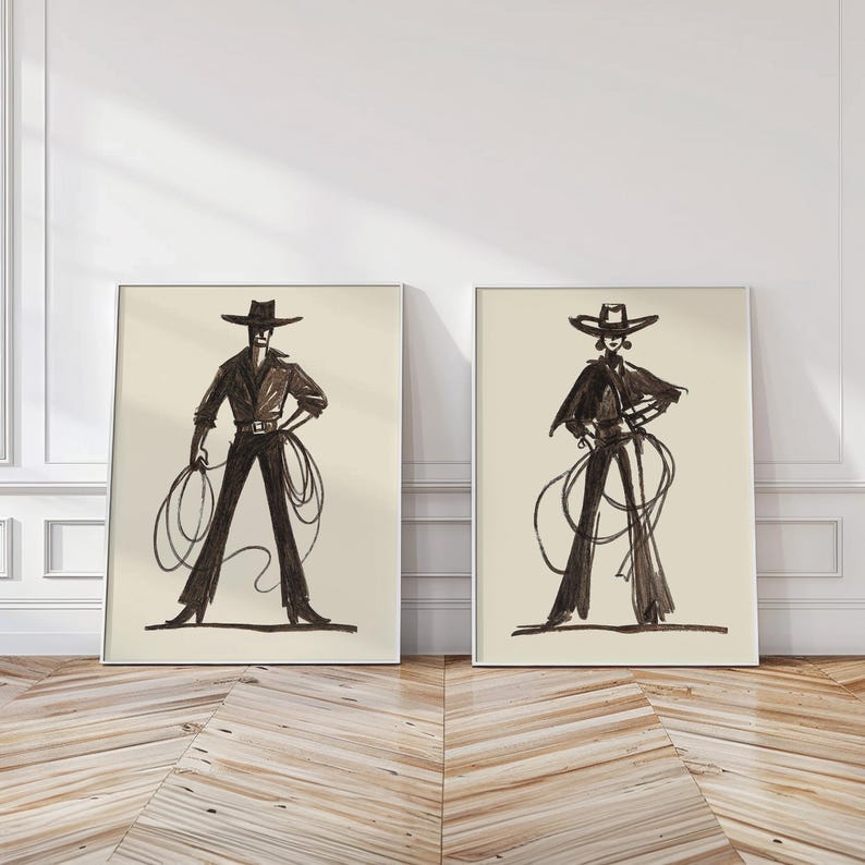 Western Cowboy Cowgirl Set of 2 Prints — Southwestern Rodeo Fashion Ranch House Decor immagine 1