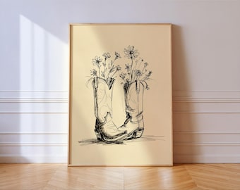 Cowboy Boots Wildflower Print, Western Line Art Wall Decor