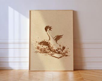 Baseball Goose Sliding Into Base Print, Sepia Ink Drawing