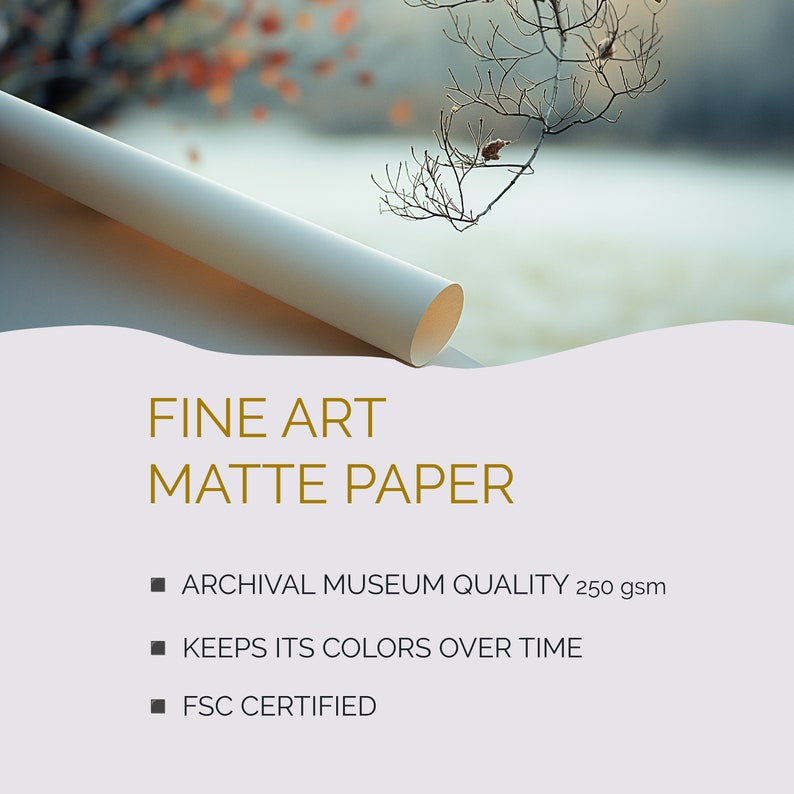 以下が含まれることがあります： 「FINE ART MATTE PAPER」というテキストと、「ARCHIVAL MUSEUM QUALITY 250 gsm」、「KEEPS ITS COLORS OVER TIME」、「FSC CERTIFIED」という特徴が書かれた、ファインアートマットペーパーのロールです。