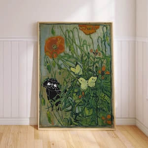 Poodle Dog Van Gogh Print Poppies Butterflies Poster Flower Wall Art Funny Gift for Pet Lovers