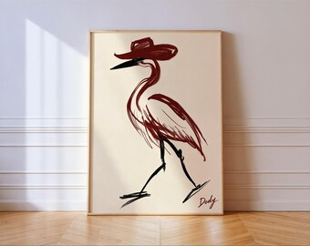 Heron Cowboy Hat Print, Western Dody Bird Wall Art