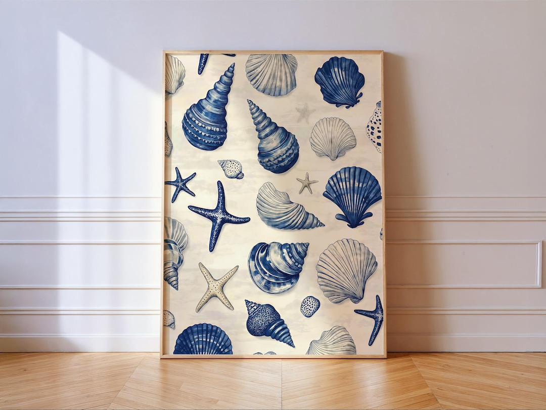 Blue Seashell Wall Art Nautical Beach Print Coastal Bathroom Decor - Etsy