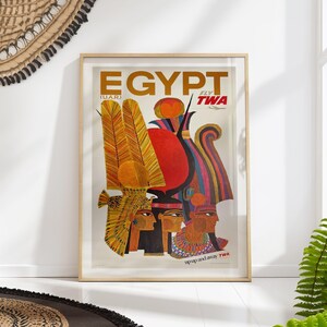 Egypt TWA Travel Poster Print – Vintage Mid Century Airline Advertising, Retro Egyptian Wall Art, Colourful Pharaoh Decor
