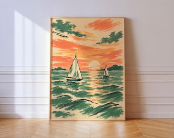 Two Sailboats at Sunset Print, Green and Orange Seascape