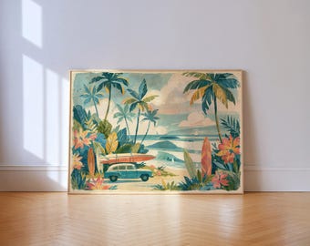 Retro Tropical Surf Print: Vintage Beach Woody Wagon Palm Tree Wall Art