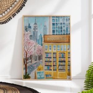 Cozy Bookstore New York Print - Watercolor Cityscape, Book Lover Wall Art, Library Reading Nook Decor