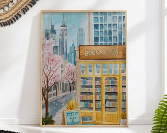 Cozy Bookstore New York Print - Watercolor Cityscape, Book Lover Wall Art, Library Reading Nook Decor