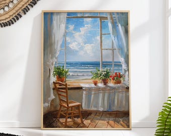 May include: A painting of a room with a window overlooking the ocean. The window is open and the curtains are drawn back. There is a table with a white tablecloth and a chair in the room. There are plants on the windowsill.