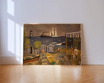 French Harbor Painting Print: Vintage Coastal Sailboat Beach Wall Art