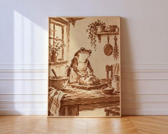 Frog Baking Bread Kitchen Print, Sepia Ink Wash Illustration