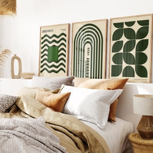 Set of 3 Green Abstract Wall Art Bauhaus Posters Midcentury Modern