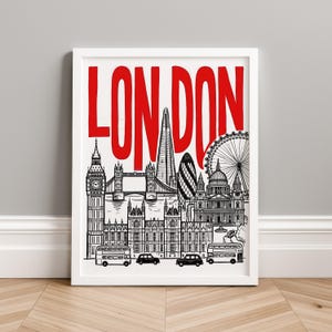 London Wall Art Red Typography Skyline Travel Poster Print image 11