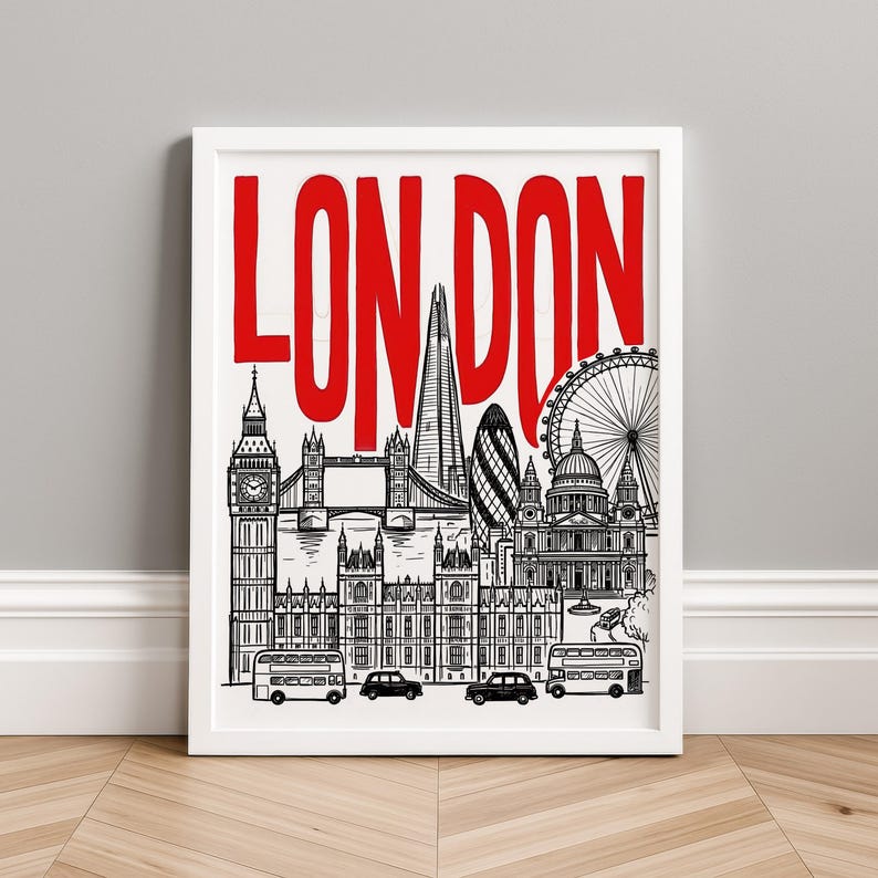 London Wall Art Red Typography Skyline Travel Poster Print image 11