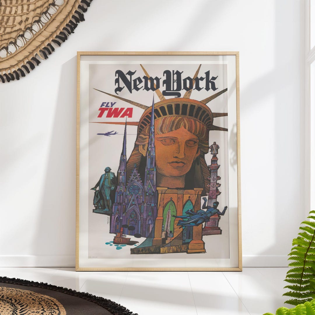 New York Statue of Liberty Travel Poster Print Vintage Mid Century