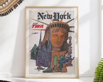 Vintage TWA New York City Wall Art, Twin Towers and Statue of