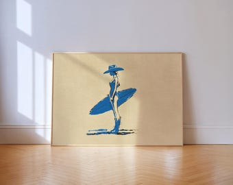 Coastal Cowgirl Art Print: Surfer Girl with Blue Surfboard