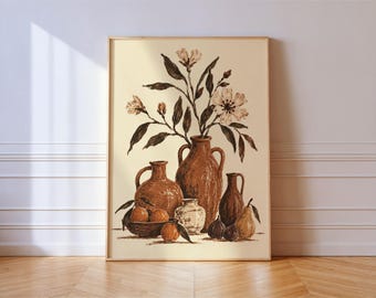 Terracotta Vases Still Life Print, Earthy Pastel Sketch