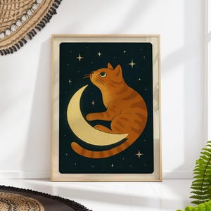 Celestial Cat Art Print Crescent Moon Wall Decor Stars Bedroom Poster