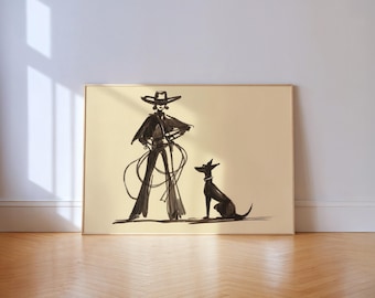 Cowgirl and Dog Ink Sketch Print: Western Lasso Minimalist Wall Art Poster