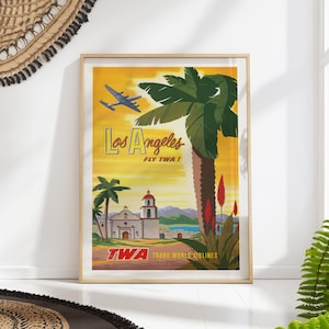 Vintage Los Angeles Travel Poster Print, Retro TWA Airline Poster, California Travel Wall Art
