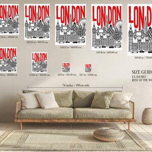 London Wall Art Red Typography Skyline Travel Poster Print image 6