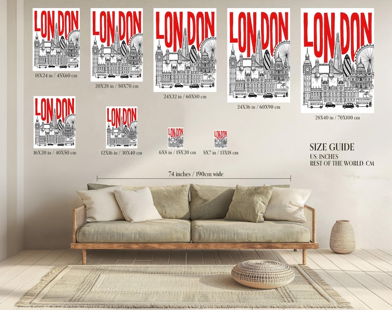 London Wall Art Red Typography Skyline Travel Poster Print image 6