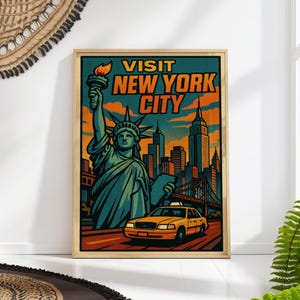 New York City Poster, Vintage NYC Travel Print, Statue of Liberty Wall Art, Retro Urban Decor