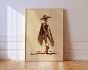Coastal Cowgirl Print Beach Western Wall Art Sepia Ink Sketch