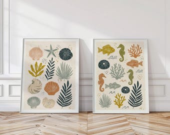 Coastal Ocean Block Print Set: Seashell Seahorse Coral Beach Wall Art